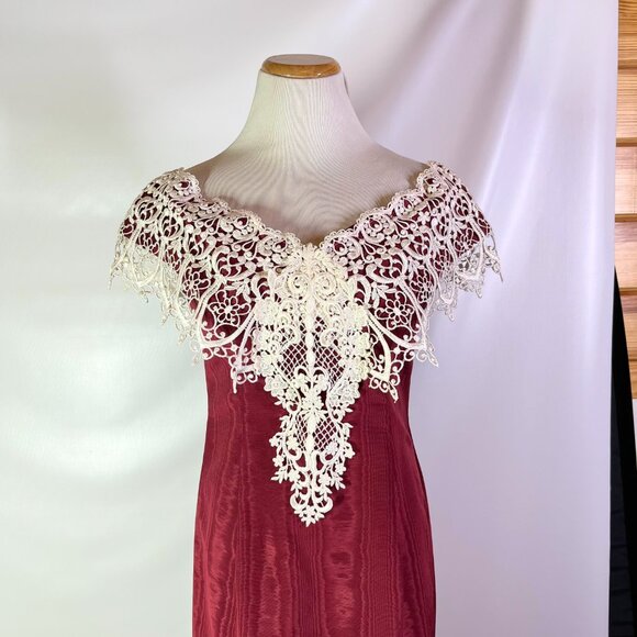 Vintage 80s Loralie Size 8 Red Off-the-Shoulder Dress Lace Victorian Look - Picture 3 of 14